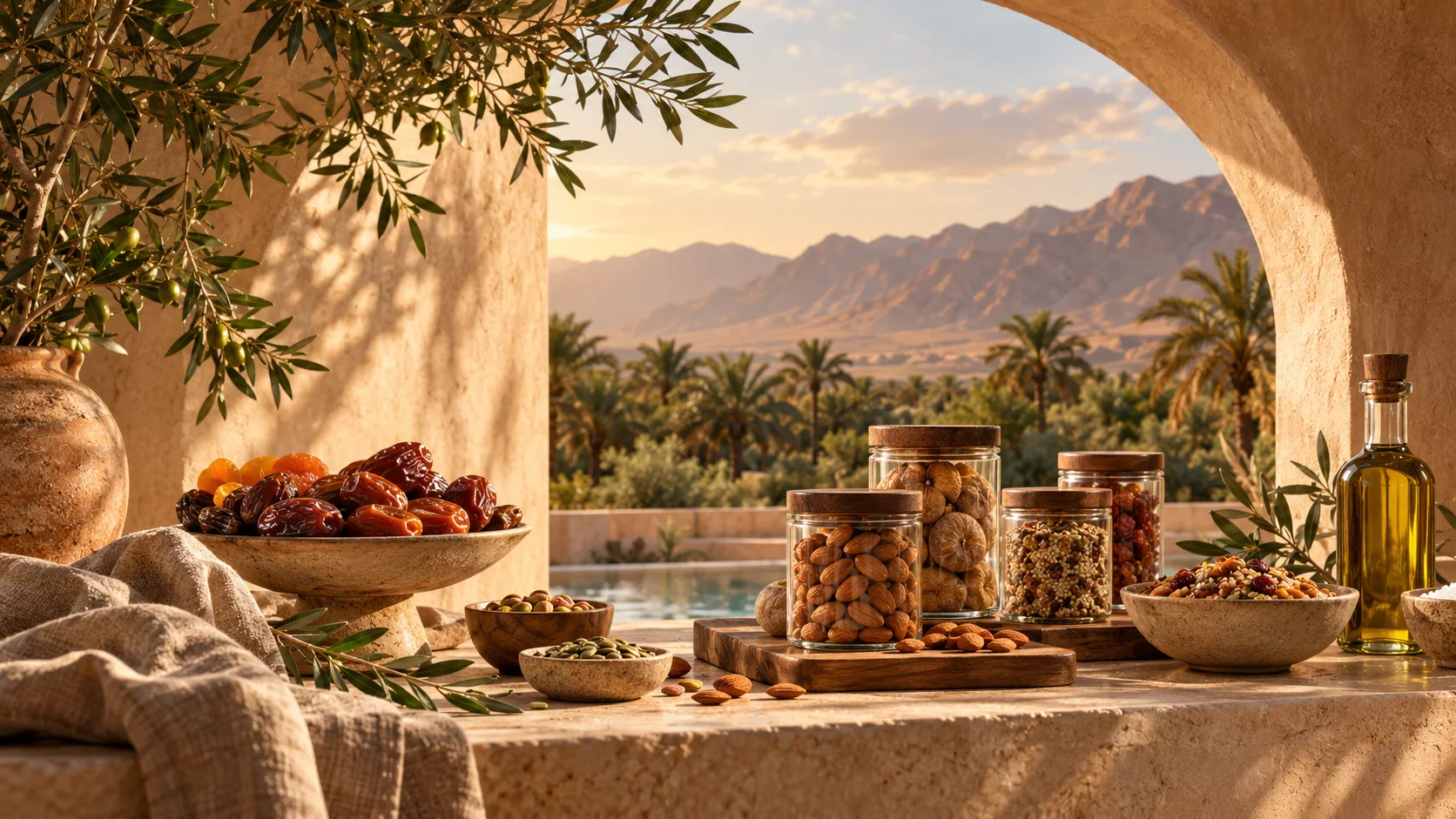 Despensa natural con frutos secos, semillas y alimentos sobre una terraza c&aacute;lida frente a un oasis