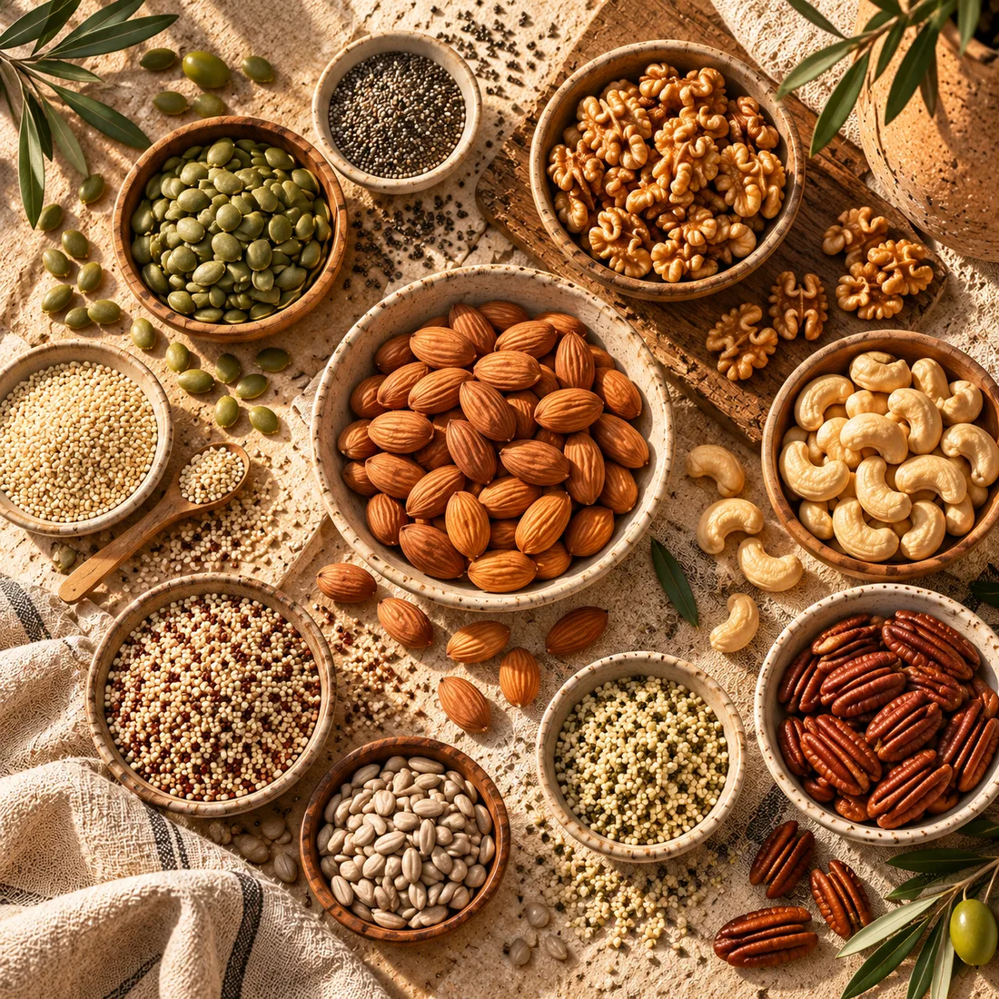Frutos secos y semillas sobre una superficie natural