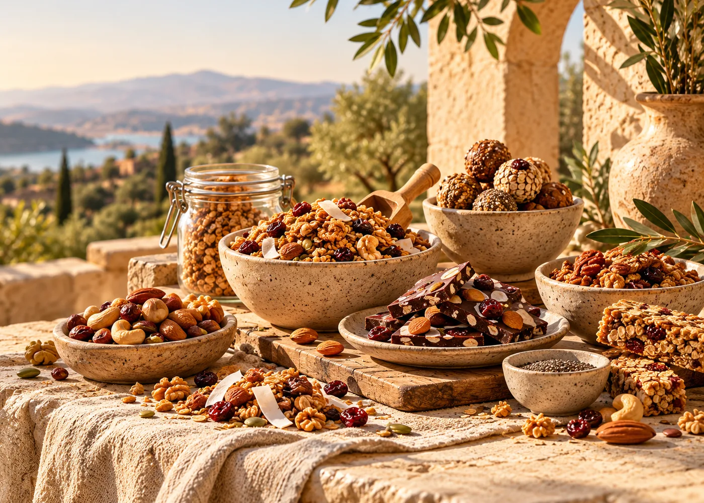 Avena, frutos secos y granola sobre una mesa cálida