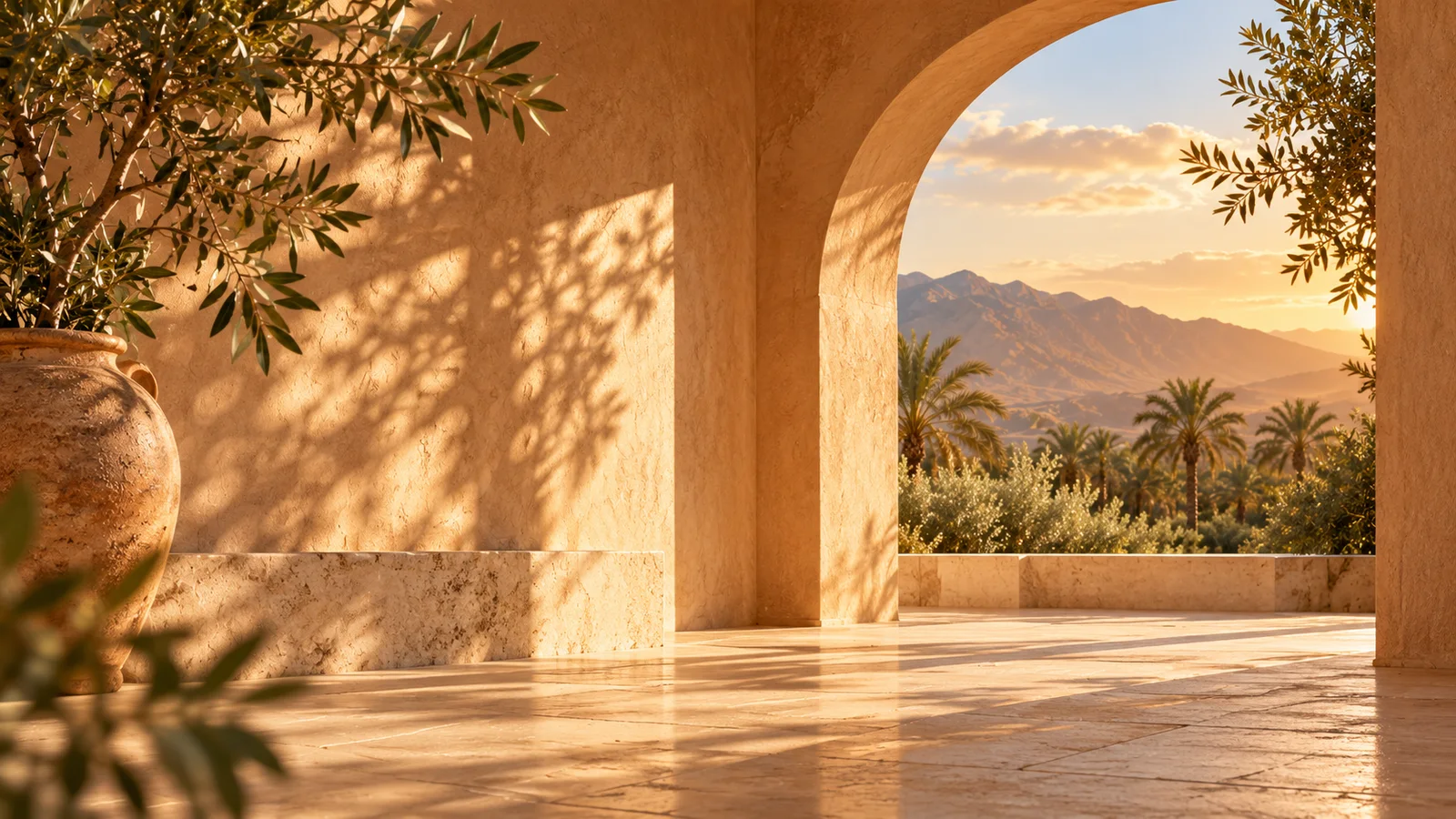 Arquitectura cálida de oasis con arco abierto hacia palmeras y montañas